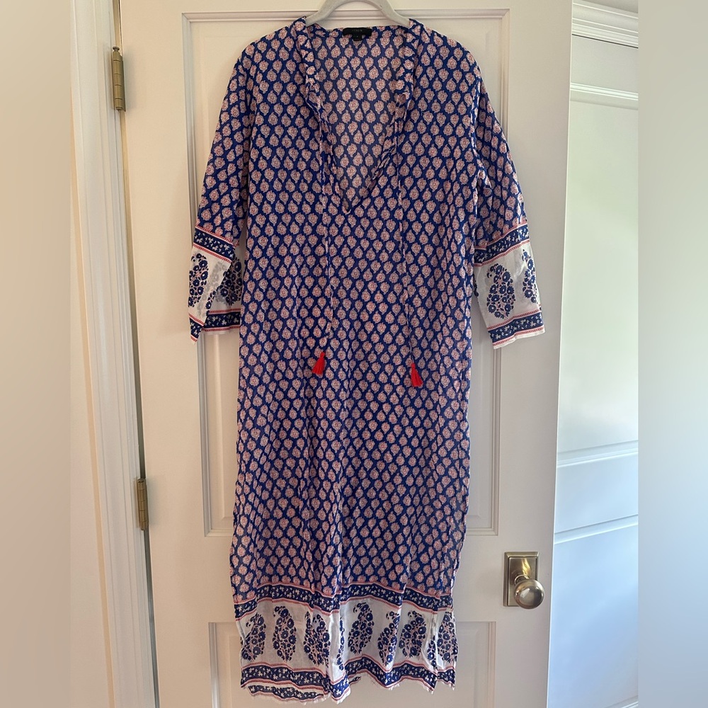 J. Crew Blue and White Printed Swim Coverup with Red Tassels